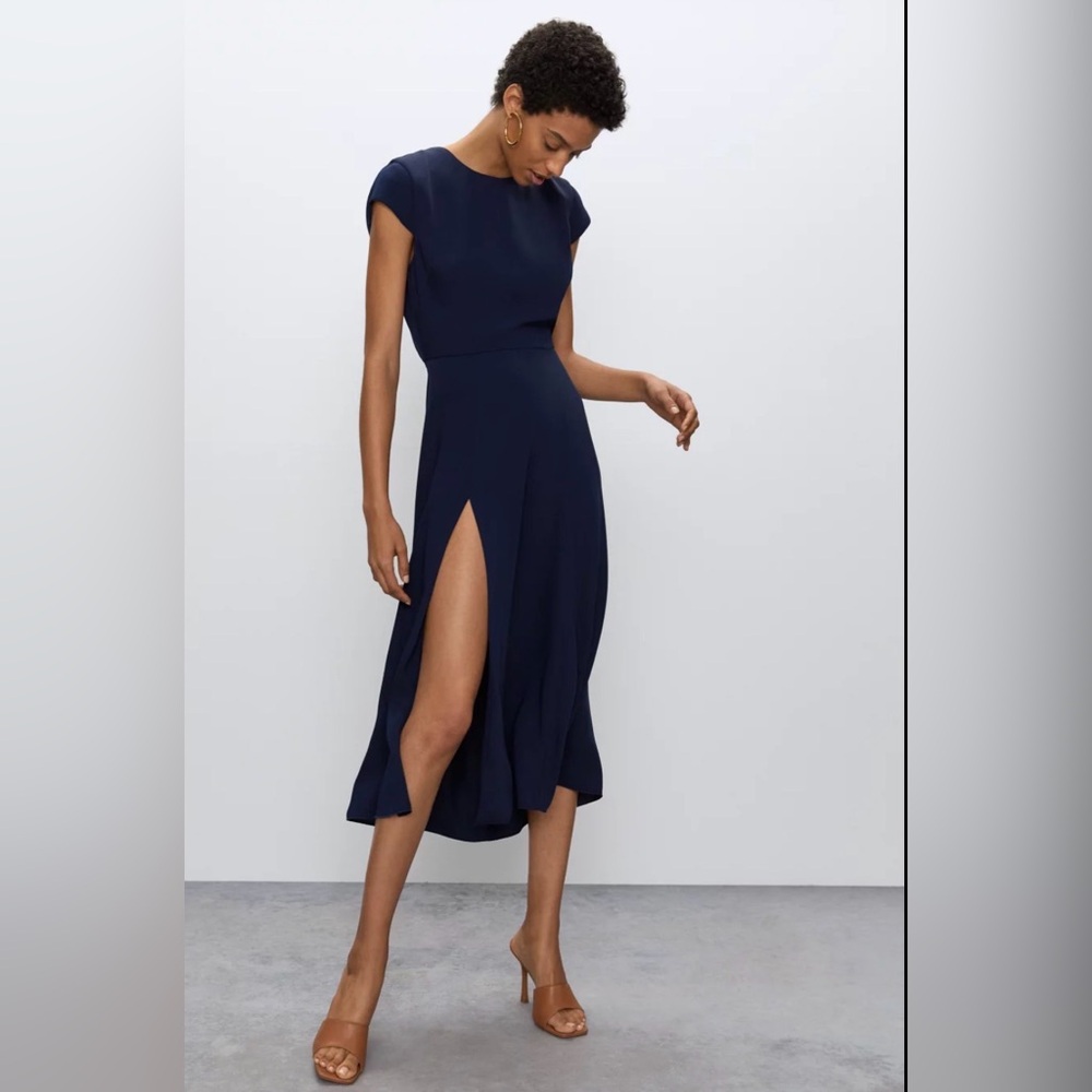 Babaton Navy Blue Hampton Midi Dress with Front Slit